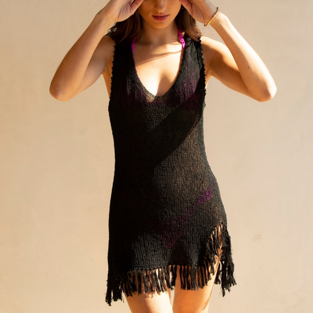 NWOT Blanco By Nature Black Crochet Fringe Swim Coverup Dress